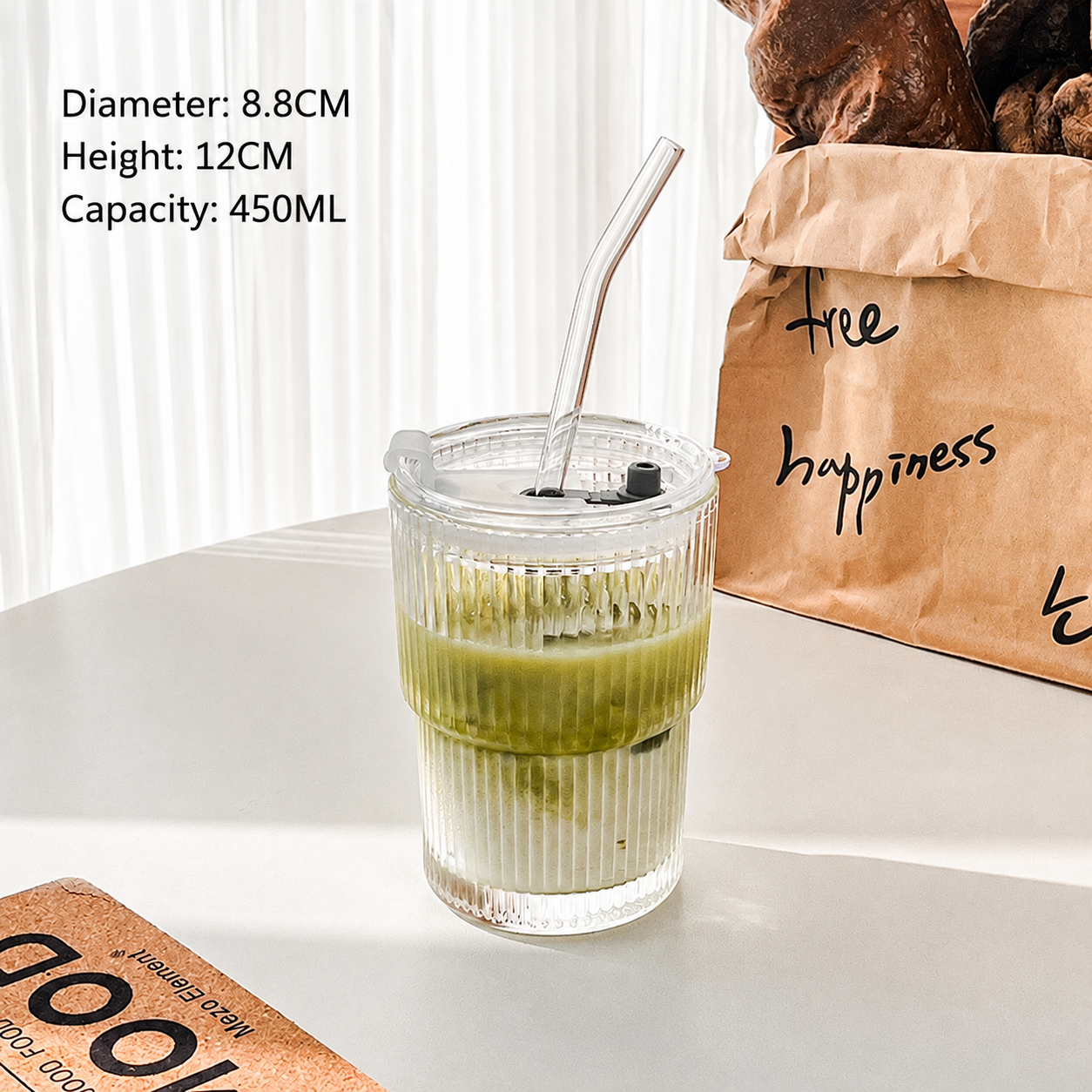Striped Glass Coffee Cup with Lid & Straw – Iced Latte Tumbler