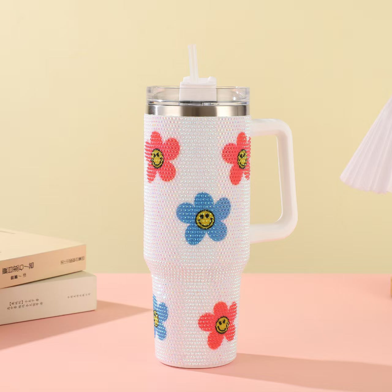 Rhinestone Embellished 40oz Stainless Steel Insulated Tumbler with Straw – Double Wall Sparkling Travel Mug