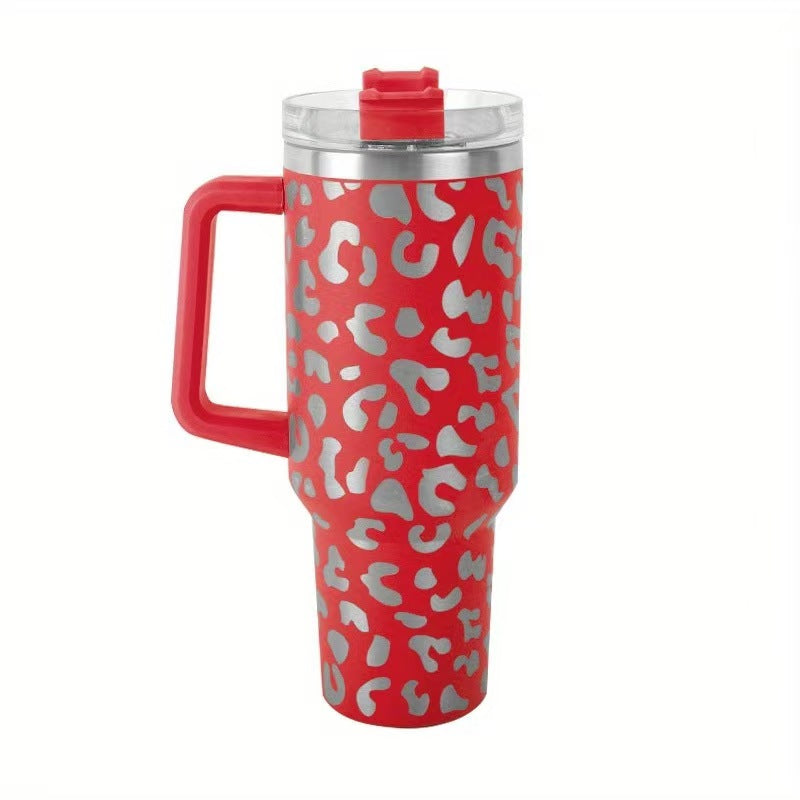 Leopard Print 40oz Insulated Travel Tumbler with Handle – Stainless Steel Ice Mug Portable Large Capacity Cup