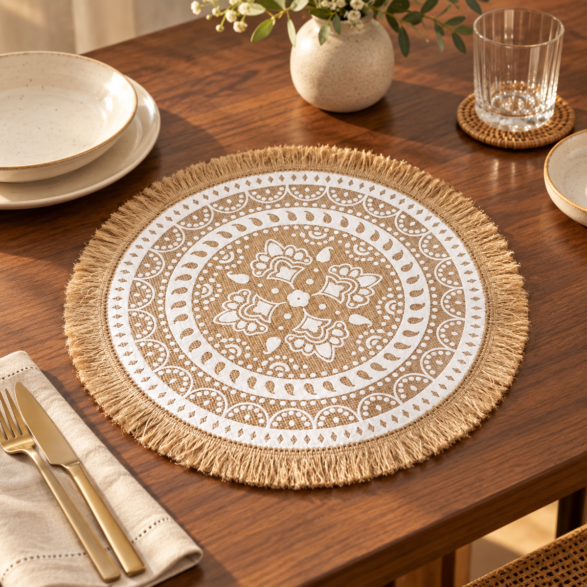 Boho Round Burlap Placemat with Fringe – 38cm Mandala Table Mat