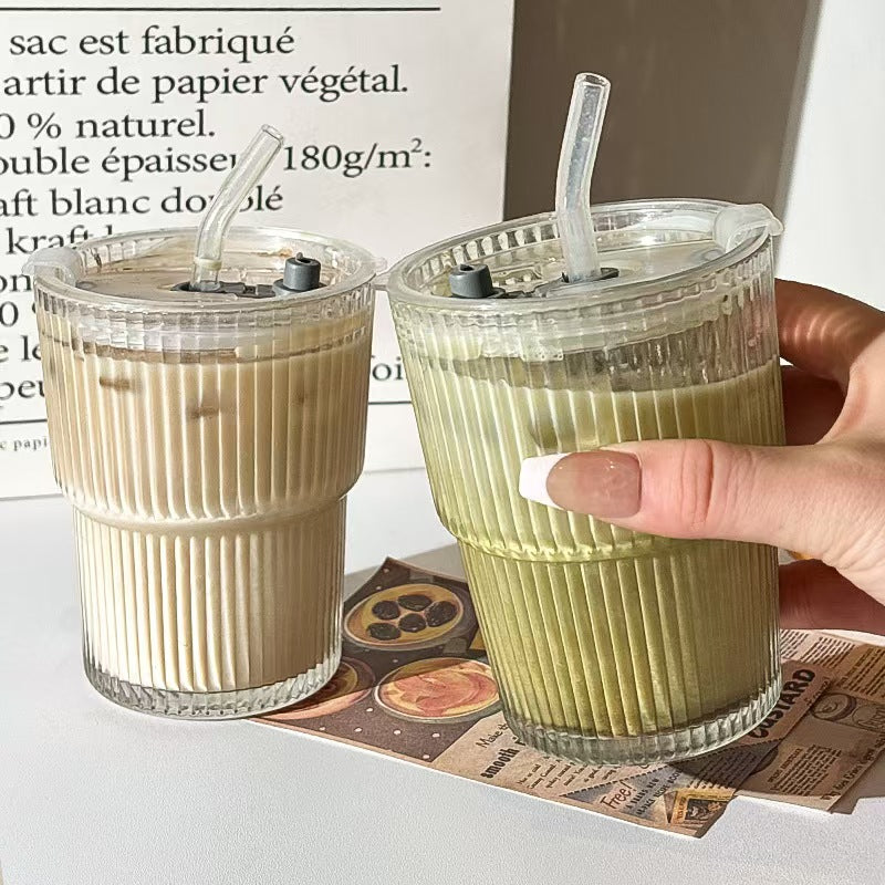 Striped Glass Cup with Lid and Straw 400ML Coffee Water Cup