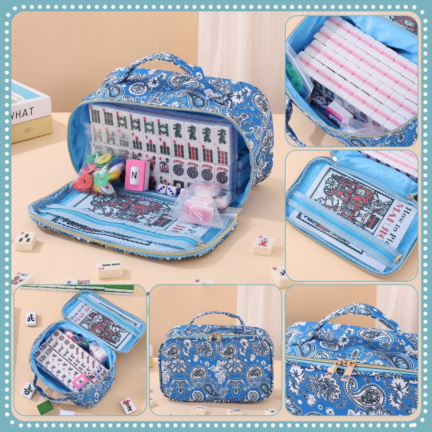 Mahjong Set Bag – Waist Bag with Printed Mahjong Pattern, Cosmetic Bag, Multi-Functional Large-Capacity Storage Organizer