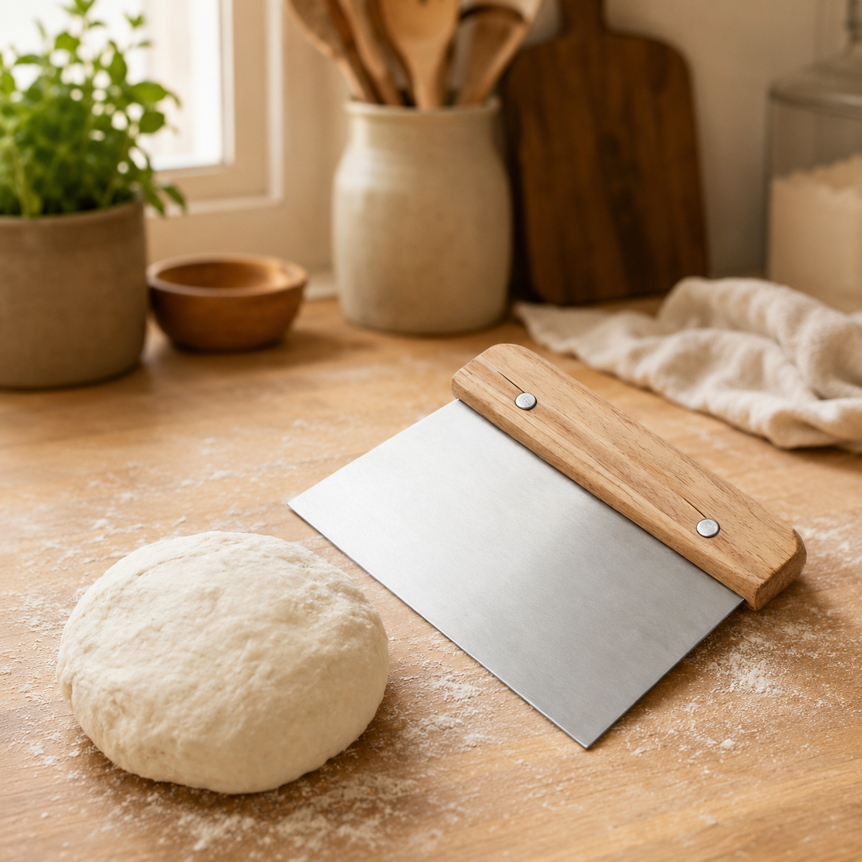Stainless Steel Dough Cutter with Wooden Handle, Multifunctional Bench Scraper & Pastry Tool for Bread, Pizza, Cake, and Soap Making