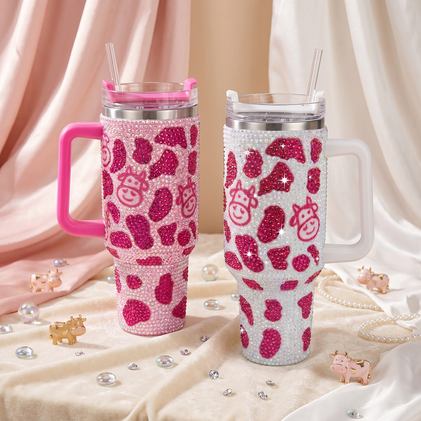 40oz Rhinestone Cow Pattern Stainless Steel Insulated Tumbler With Handle Large Travel Drink Cup
