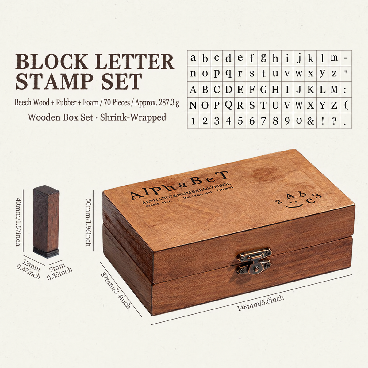 Vintage Alphabet and Number Stamp Set – 70-Piece Wooden Rubber Stamps in Storage Box