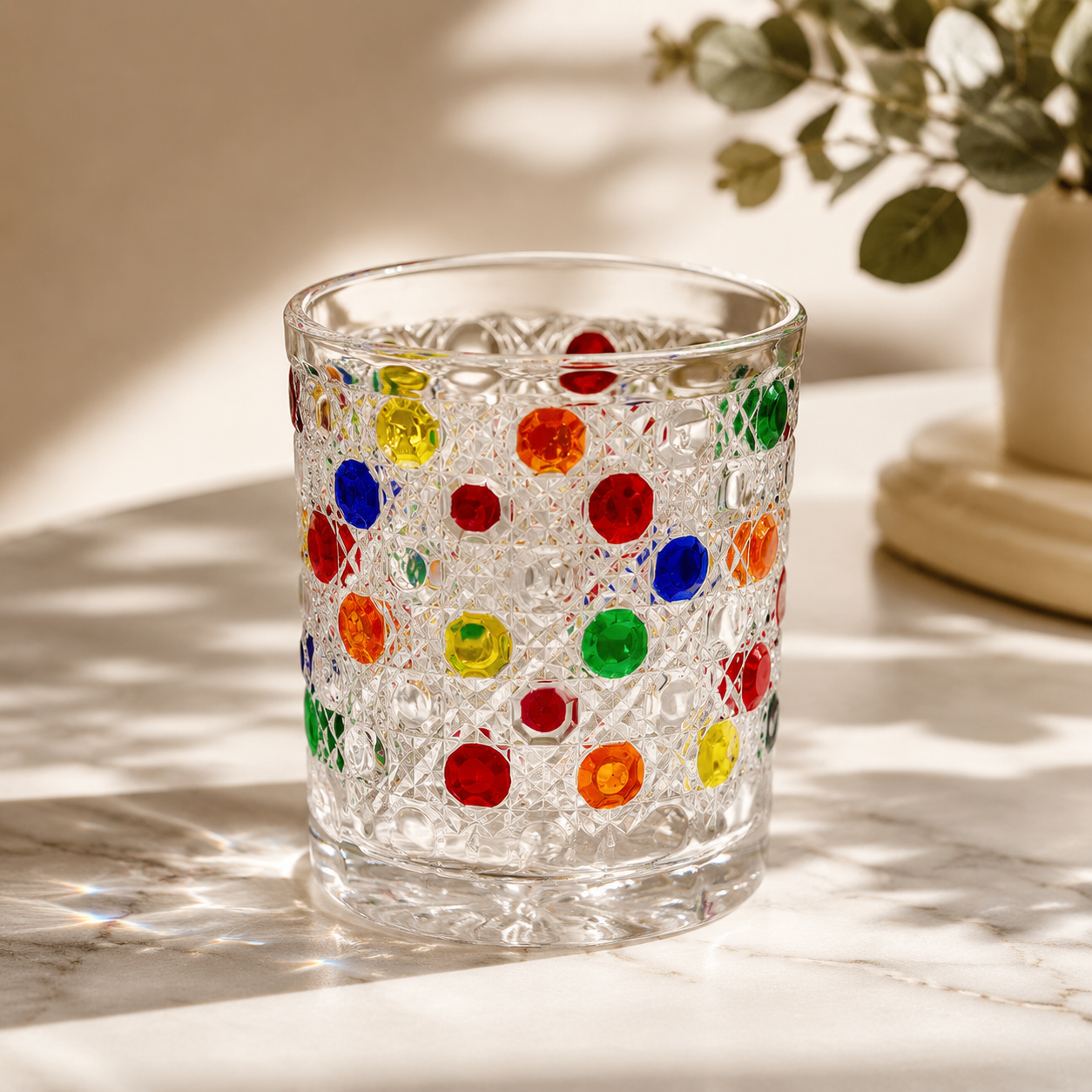 Vintage Embossed Glass Tumbler – Bohemian Dot Pattern Whiskey & Juice Glass