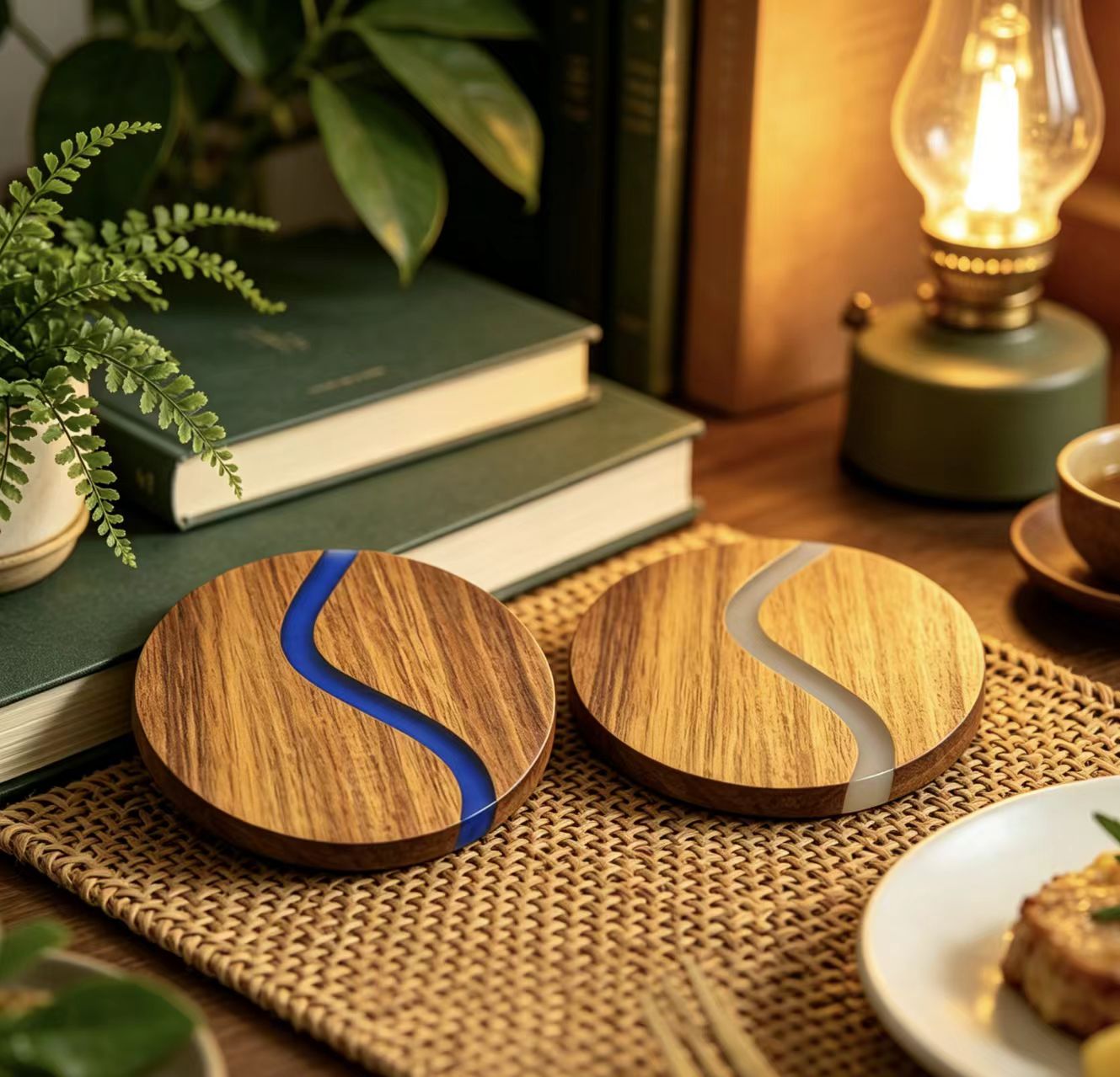 Round Acacia Wood and Resin Marble Effect Trivet Designer Heat Resistant Hot Pad Kitchen Countertop Protector