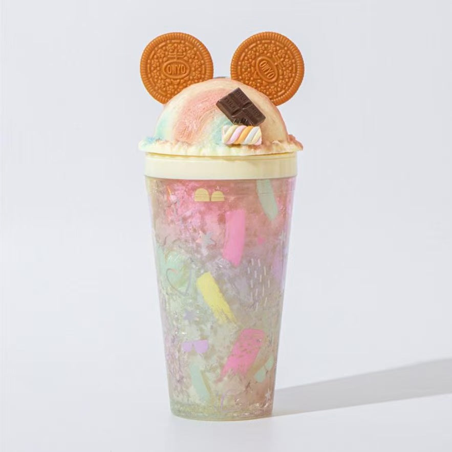 Oreo Style Cartoon Double Wall Ice Crush Straw Cup 430ml – Cute Summer Portable Plastic Tumbler for Home & Office