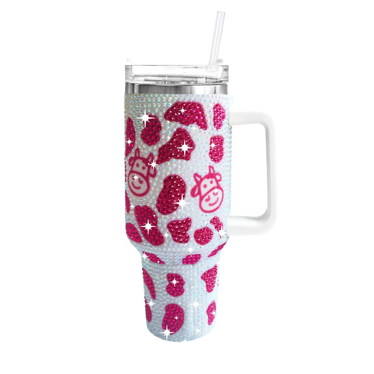 40oz Rhinestone Cow Pattern Stainless Steel Insulated Tumbler With Handle Large Travel Drink Cup