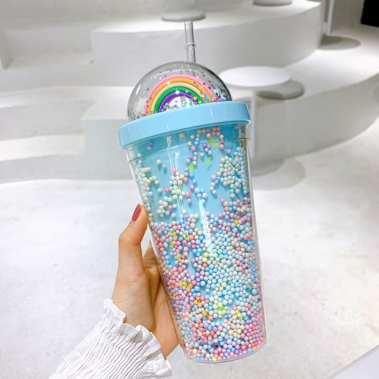 Rainbow Bubble Straw Cup 550ml – Cute Summer Portable PS & Silicone Tumbler with Straw for Girls