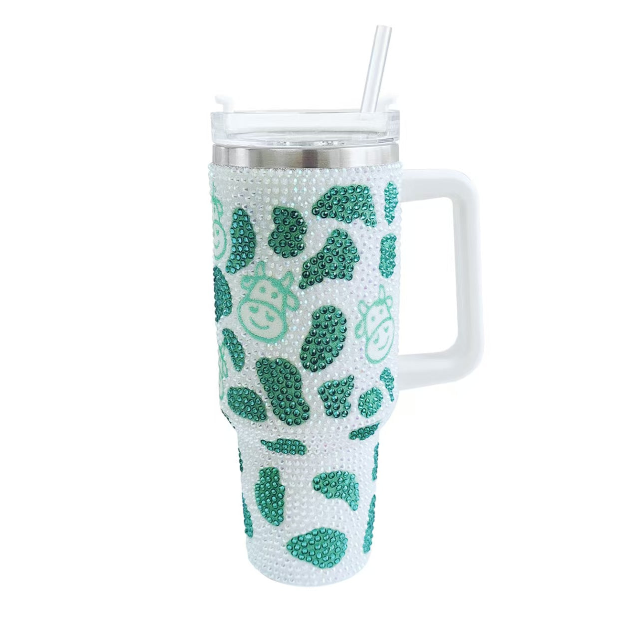 40oz Cow Print Rhinestone Tumbler With Handle Stainless Steel Insulated Travel Mug Large Capacity Sparkle Cup