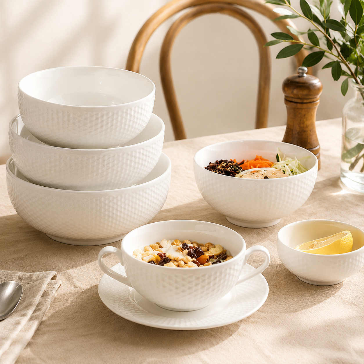 White Ceramic Bowl – Grid Pattern Rice, Soup & Salad Bowl for Home & Hospitality