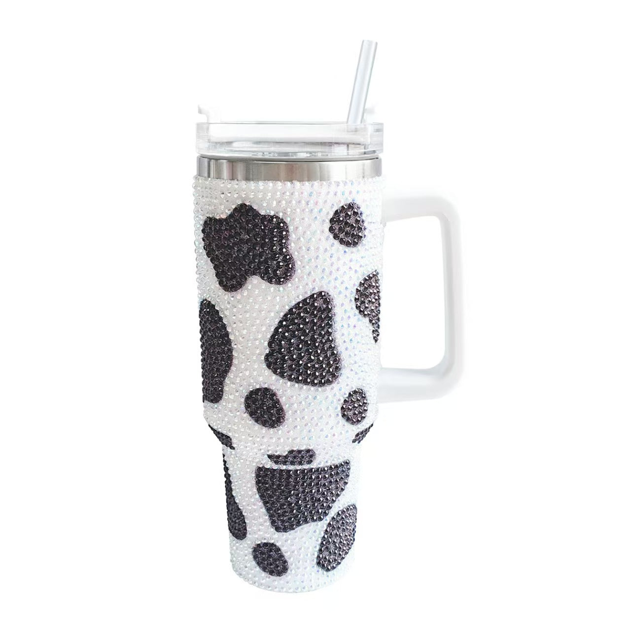 40oz Stainless Steel Cow Print Rhinestone Insulated Tumbler With Handle Large Travel Mug Sparkle Cup