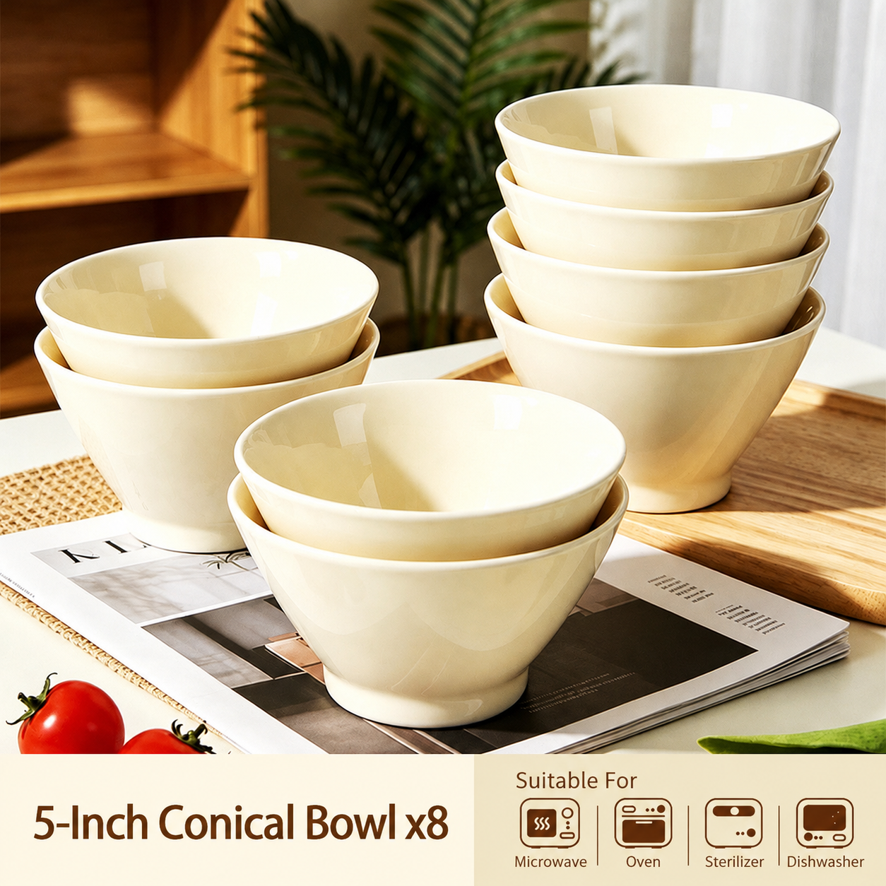 Cream Ceramic Serving Bowl – Elegant Tapered Dessert, Snack & Tableware Bowl