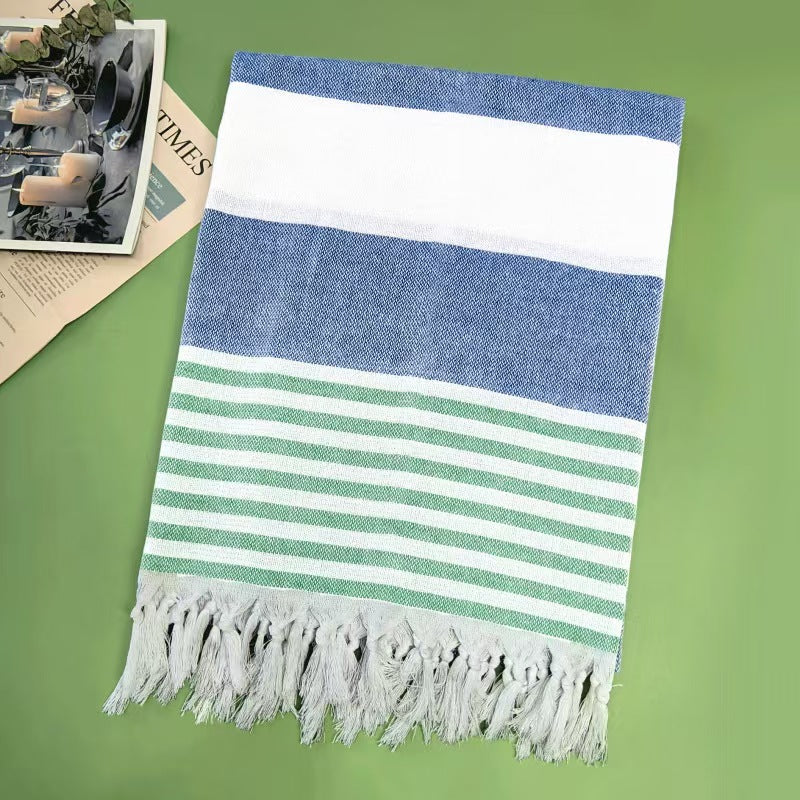 Turkish Style Striped Cotton Beach Towel Oversized Absorbent Tassel Wrap Picnic Blanket 1x1.8m