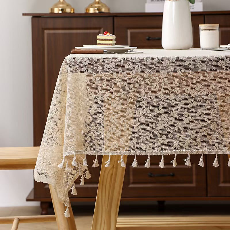 French Floral Lace Tablecloth Tassel Rectangular Table Cover