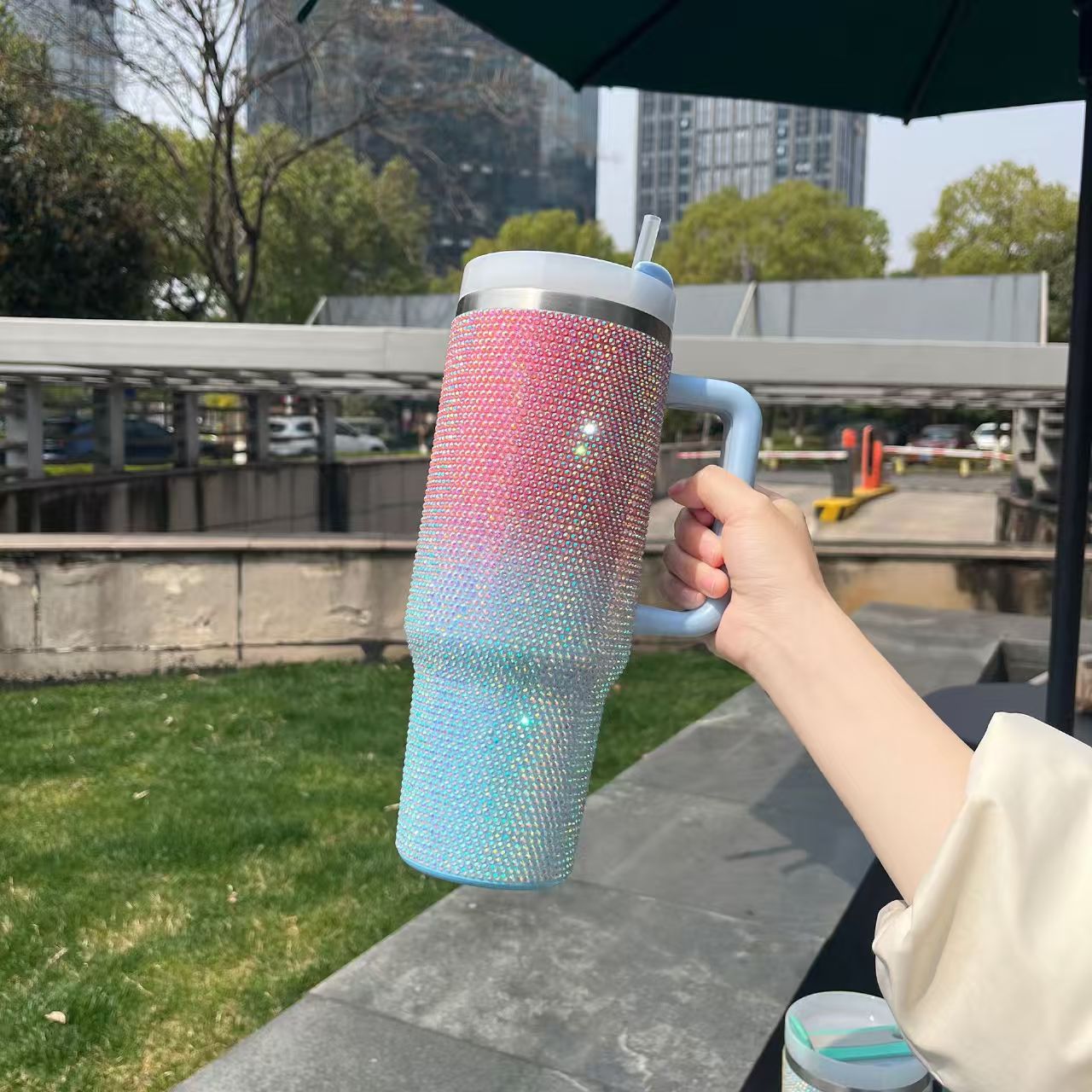 Gradient Rhinestone 40oz Stainless Steel Insulated Tumbler with Handle & Straw – Sparkling Color Fade Travel Mug