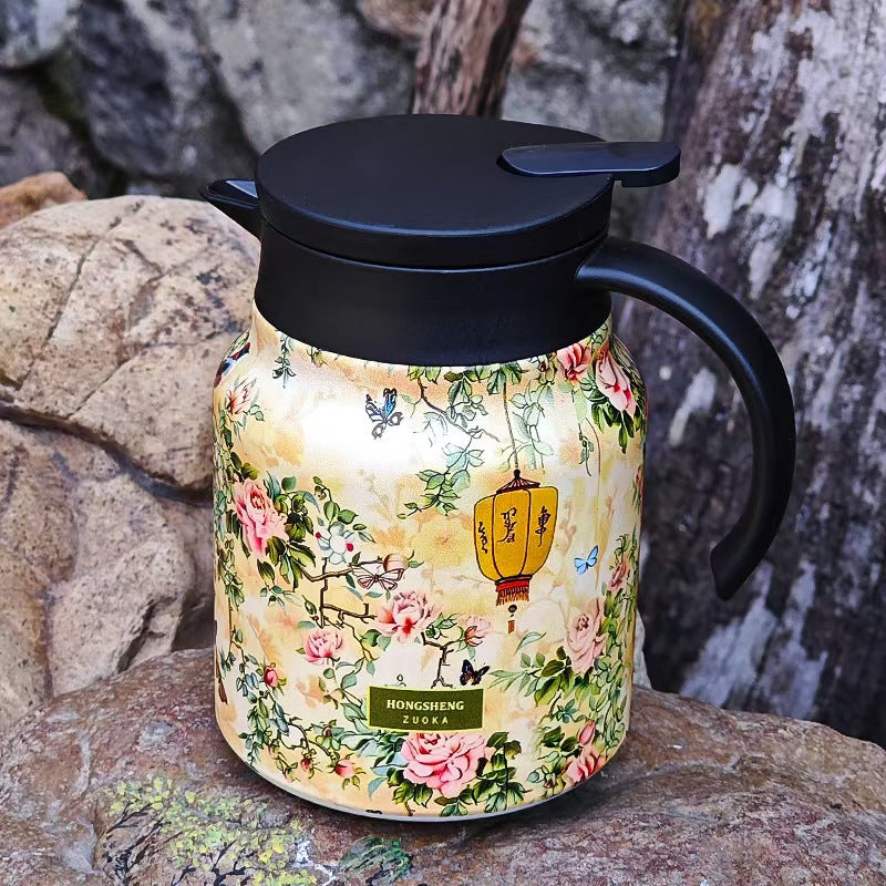 Vintage Pattern Stainless Steel Tea Pot 1000ML Insulated Kettle