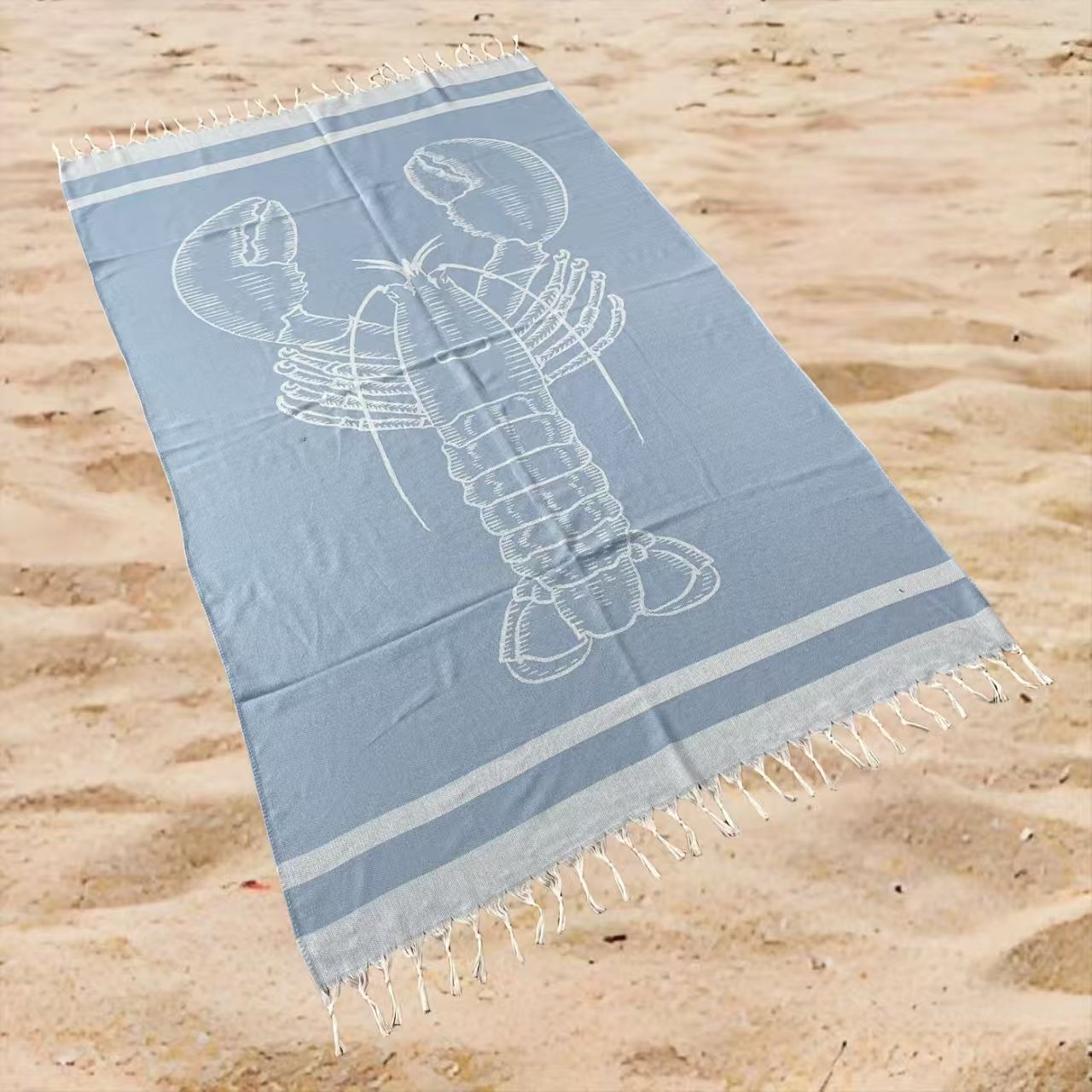 Coastal Lobster Print Beach Towel Oversized Rectangular Quick-Dry Absorbent Shawl Summer Beach Wrap Travel Blanket with Fringe Detail