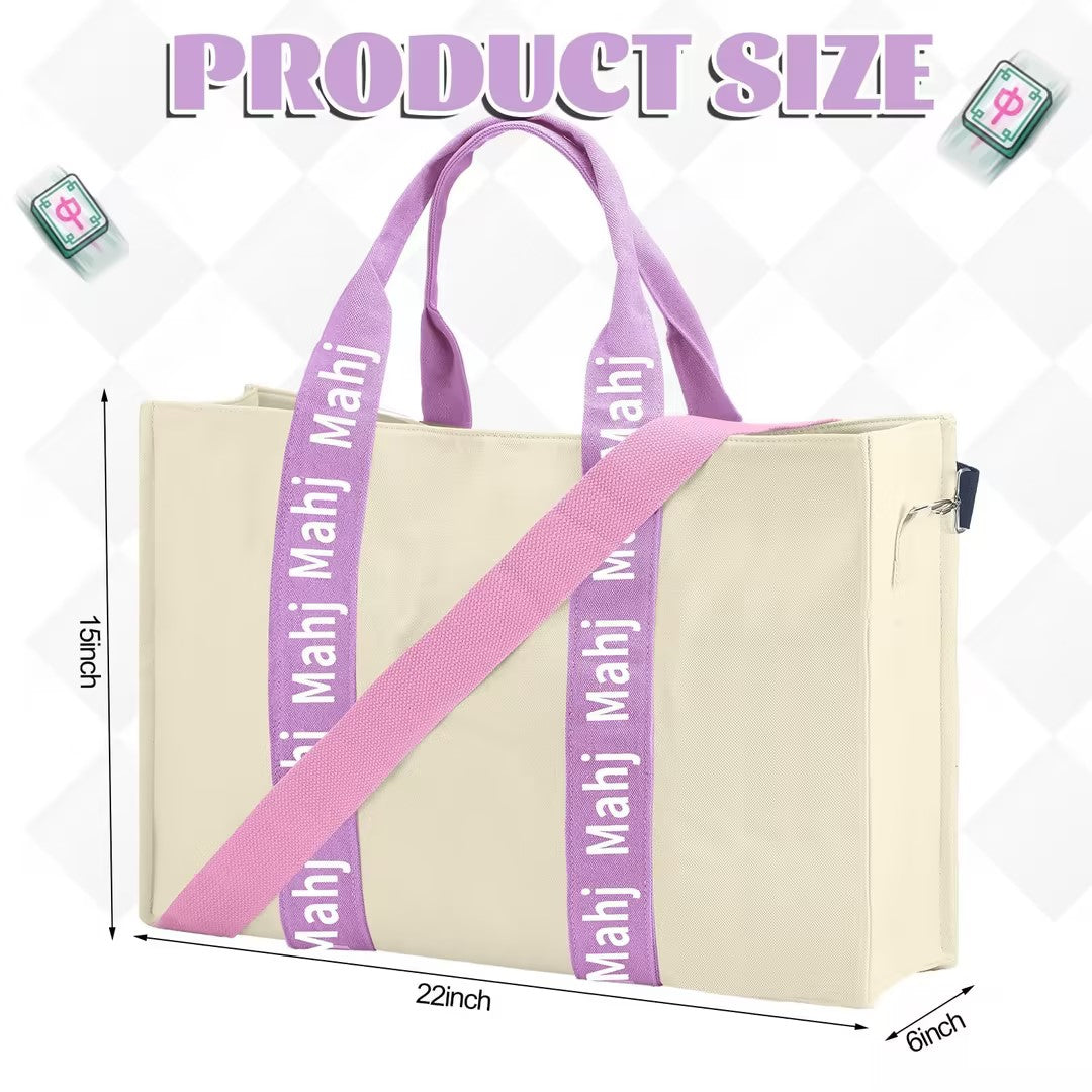 Mahjong Tote Bag – Large Canvas Shoulder Bag with Adjustable Strap
