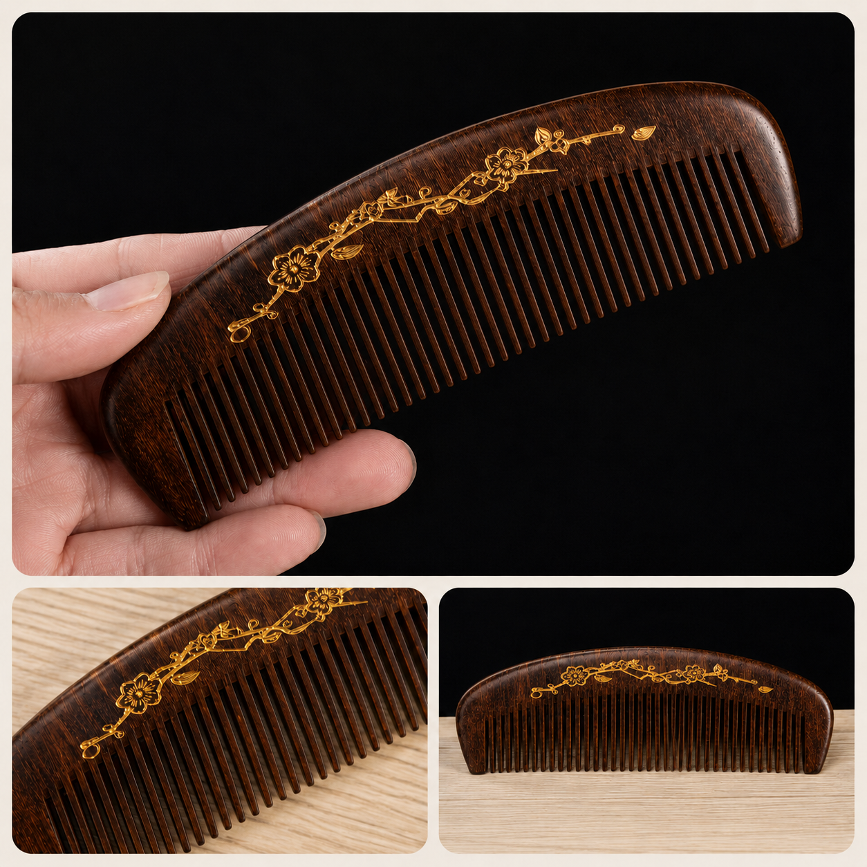 Black Golden Sandalwood Hair Comb