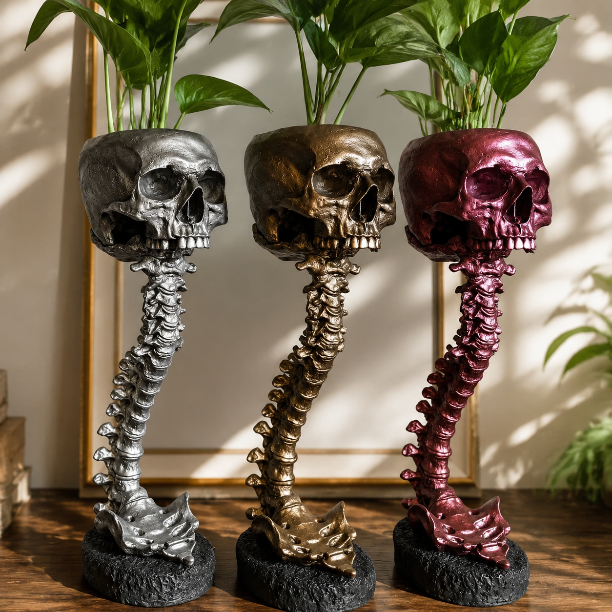 Skull Planter & Spine Stand Set – Gothic Succulent Pot Display