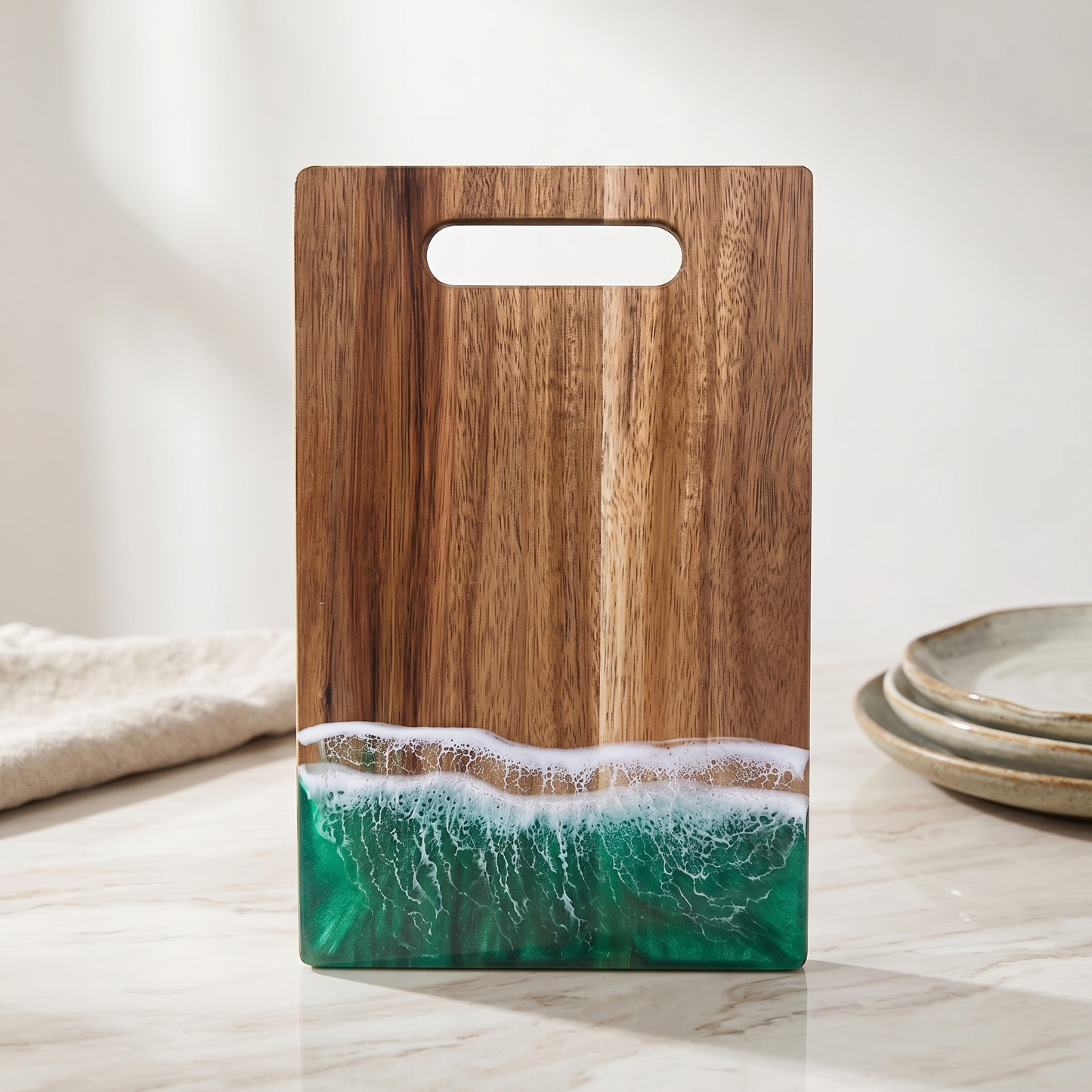 Emerald Green Ocean Resin Rectangular Cutting Board with Hanging Hole Acacia Wood Epoxy Serving Board Kitchen Decor
