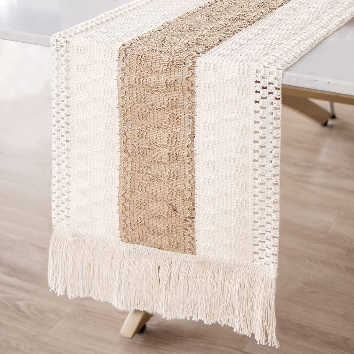 Boho Tassel Table Runner, Cotton Linen Crochet Woven Table Decor for Parties and Home Styling