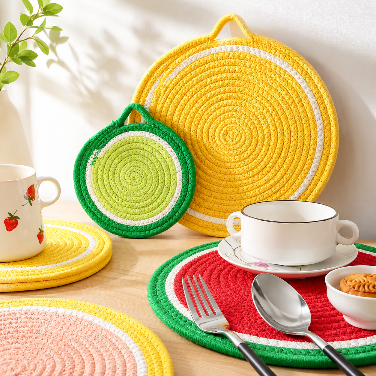Fruit-Themed Cotton Rope Trivet, Round Heat Resistant Placemat, Coaster & Hanging Pot Holder