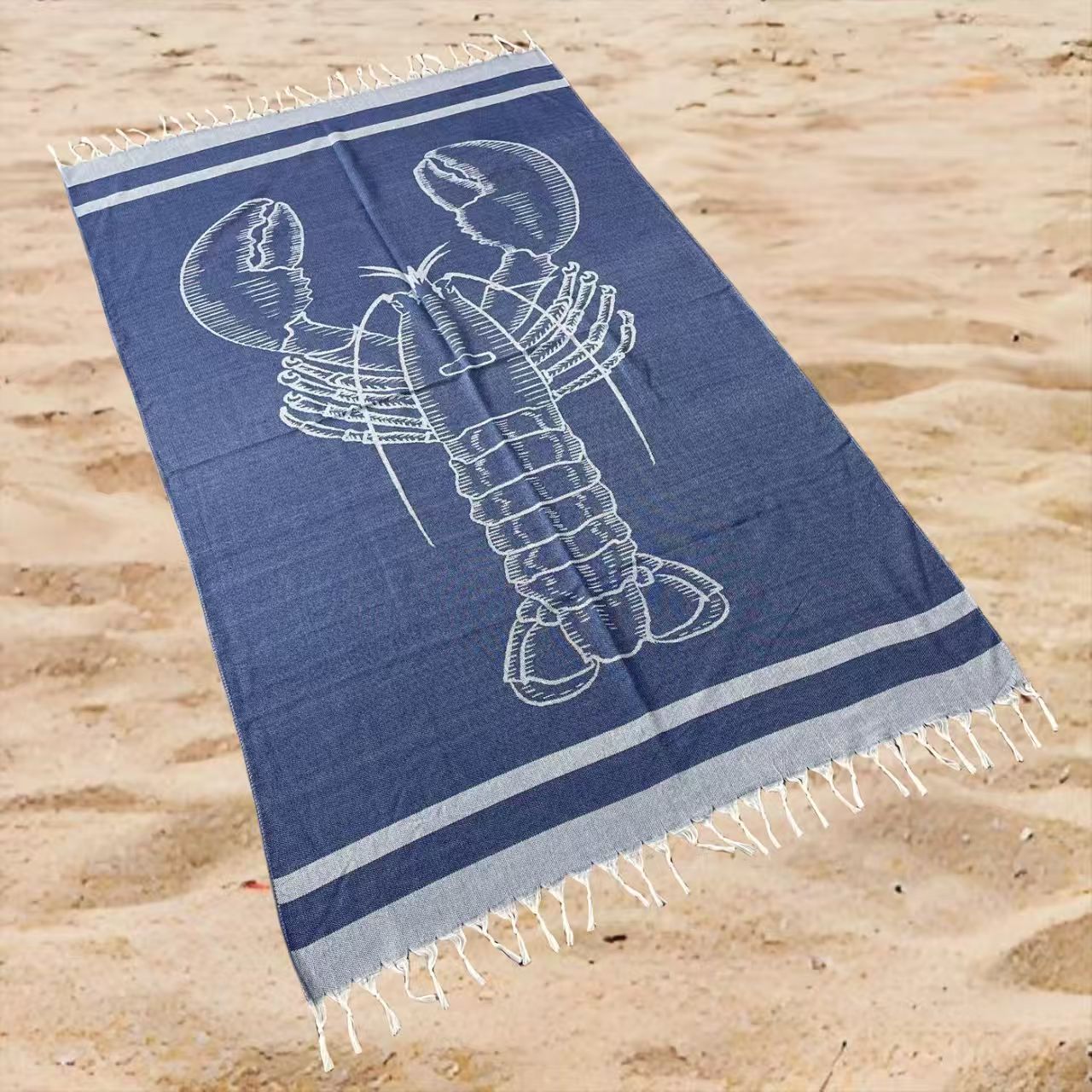 Coastal Lobster Print Beach Towel Oversized Rectangular Quick-Dry Absorbent Shawl Summer Beach Wrap Travel Blanket with Fringe Detail