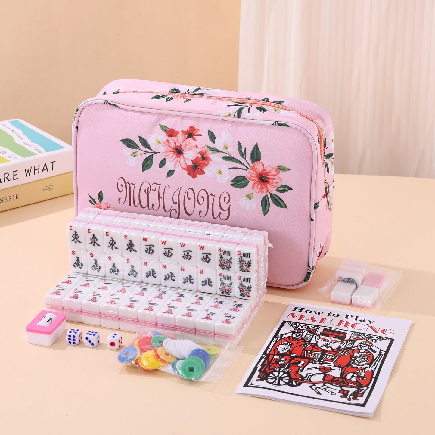 Mahjong Set Bag – Waist Bag with Printed Mahjong Pattern, Cosmetic Bag, Multi-Functional Large-Capacity Storage Organizer