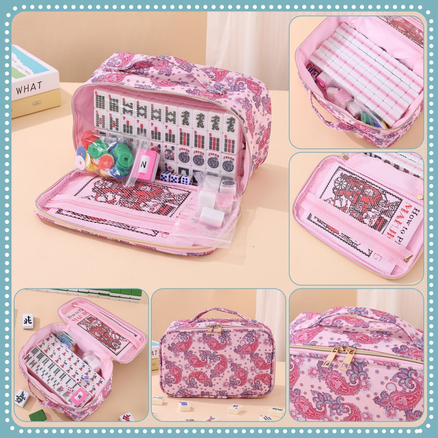 Mahjong Set Bag – Waist Bag with Printed Mahjong Pattern, Cosmetic Bag, Multi-Functional Large-Capacity Storage Organizer