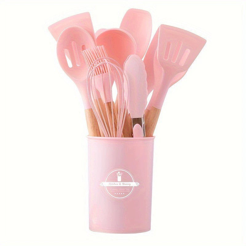 12-Piece Silicone Kitchen Utensil Set with Wooden Handles for Nonstick Cookware