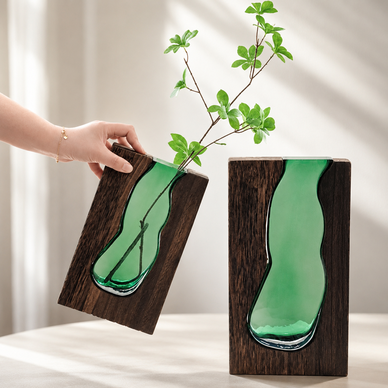 Nordic Wooden Base Glass Vase – Minimalist Home Decor Accent