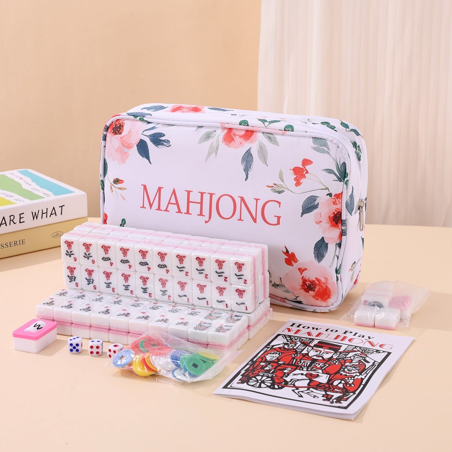 Mahjong Set Bag – Waist Bag with Printed Mahjong Pattern, Cosmetic Bag, Multi-Functional Large-Capacity Storage Organizer