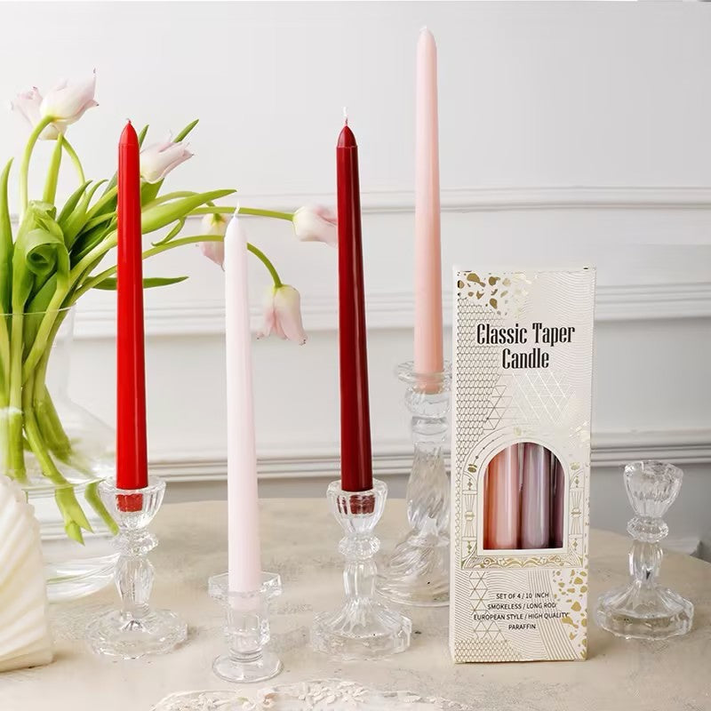10” Colored Taper Candles, Smokeless Paraffin, 25cm – Set of 4