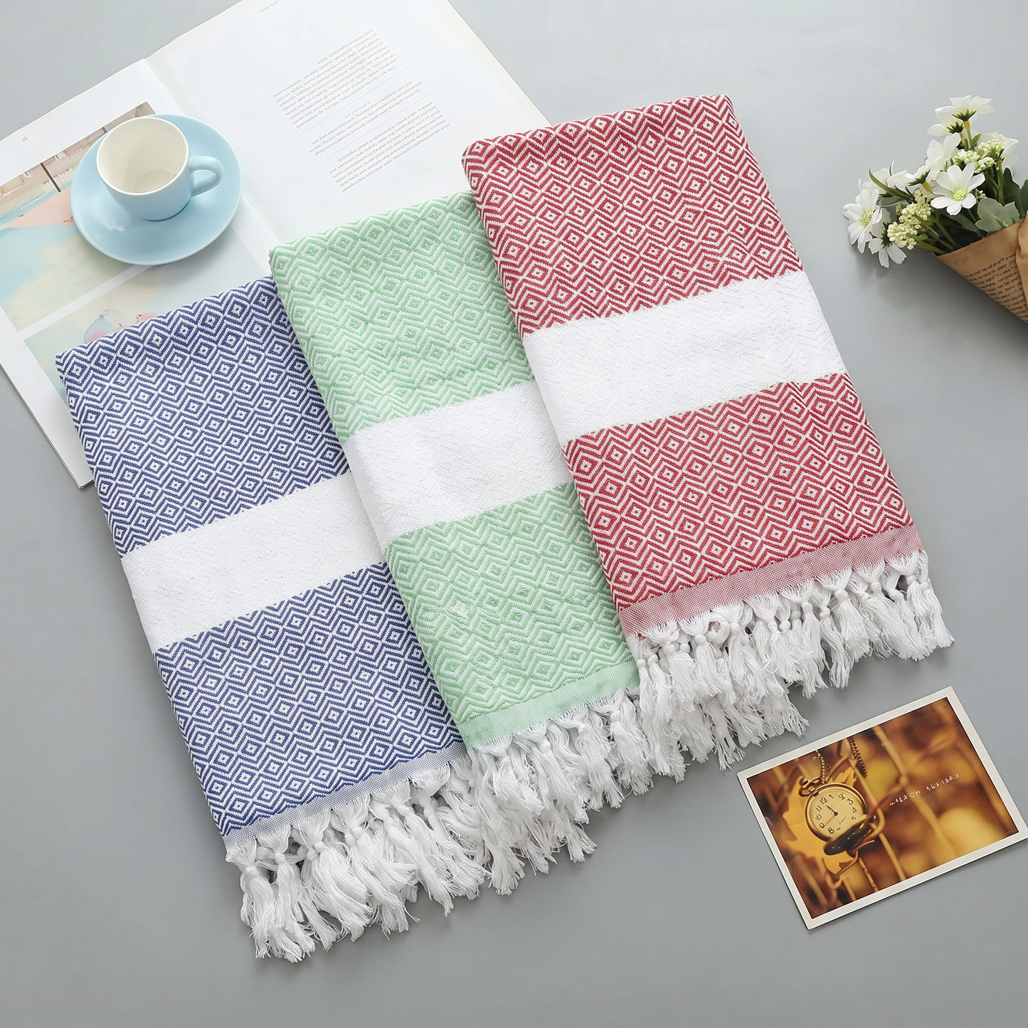 Turkish Diamond Tassel Beach Towel Cotton Lightweight Boho Picnic Throw Bath Towel 1x1.8m