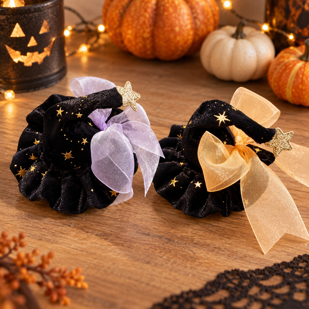 Halloween Witch Hat Hair Scrunchie with Sheer Bow