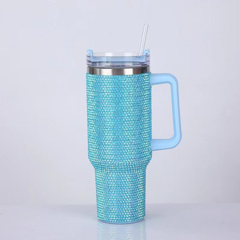 Rhinestone 40oz Stainless Steel Insulated Tumbler with Handle & Straw – Double Wall Portable Travel Mug