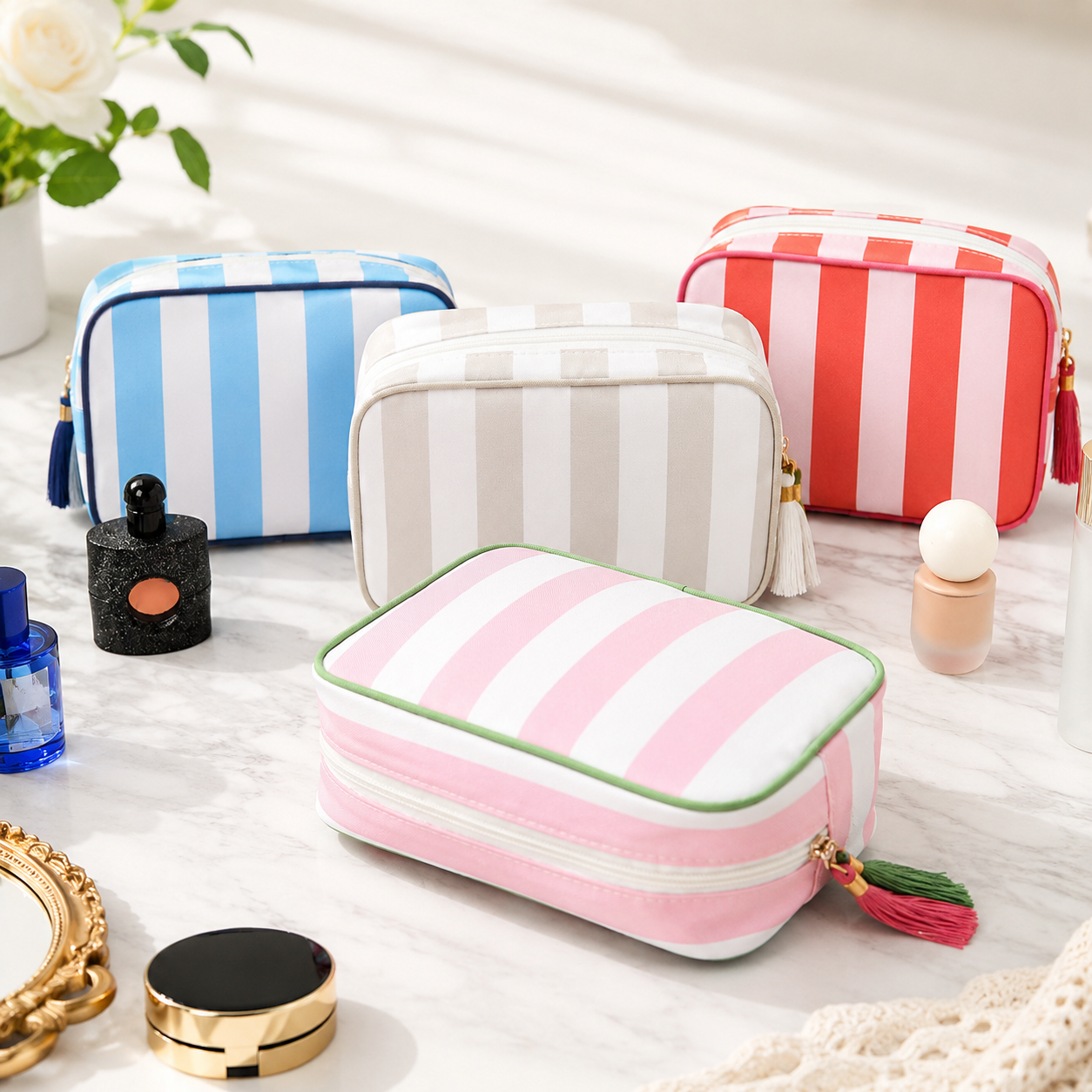 Striped Tassel Cosmetic Bag – Waterproof Travel Toiletry Organizer