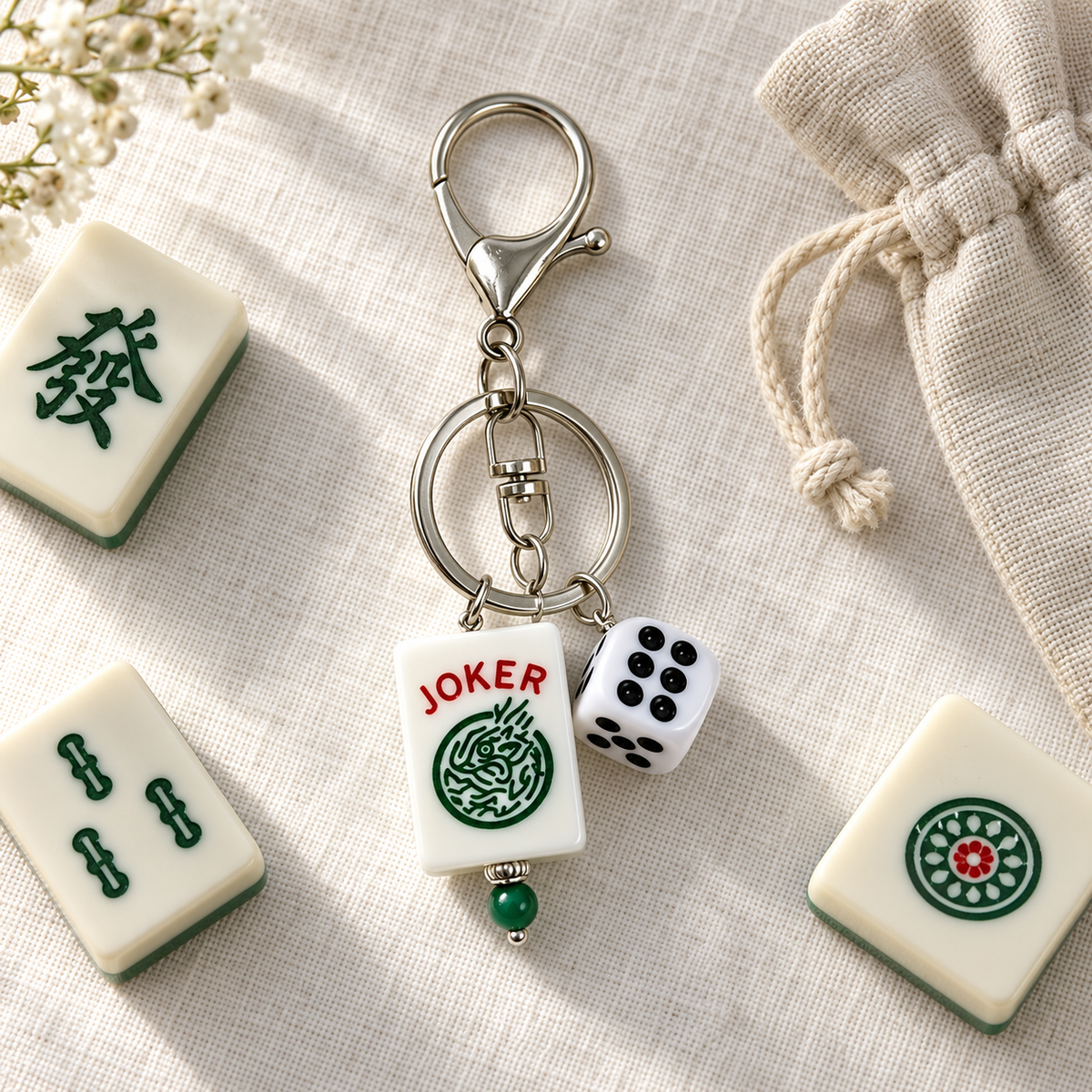Mahjong Joker Tile and Dice Resin Keychain – Game Lover Bag Charm