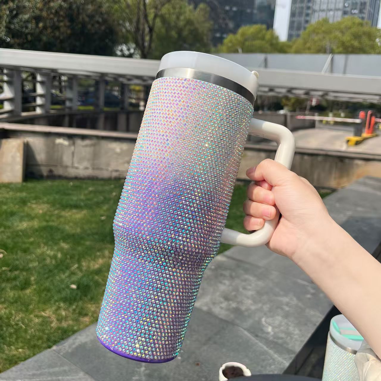Gradient Rhinestone 40oz Stainless Steel Insulated Tumbler with Handle & Straw – Sparkling Color Fade Travel Mug