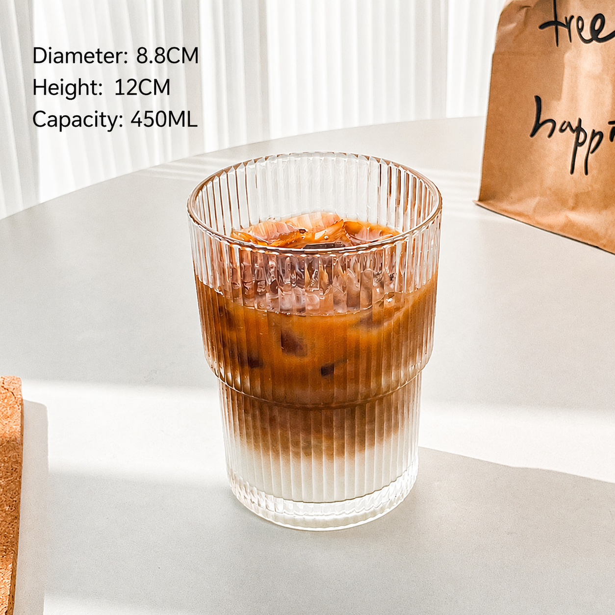 Striped Glass Coffee Cup with Lid & Straw – Iced Latte Tumbler