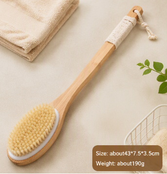 Pig Bristle Long Handle Bath Brush Shower Brush Body Scrubber Dry Brush Back Scrubber Exfoliating Cleaning Brush