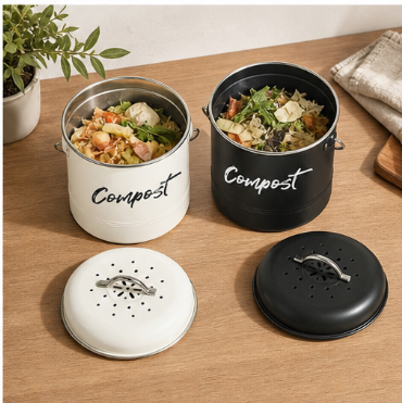 Metal Compost Bin with Handle Round Sealed Storage Container Kitchen Scrap Bucket with Lid Kitchen Organizer